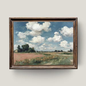 Clouds Over the Meadow – Countryside Landscape Art Print, Blue Sky Cloud Painting, Rustic Field Digital Artwork, Serene Wall Decor
