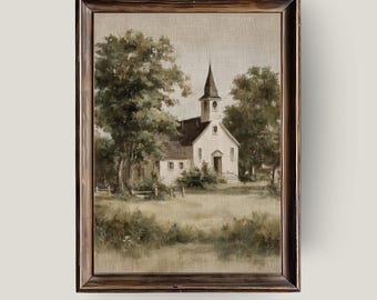 Vintage Country Church Landscape | Rustic Rural Chapel Wall Art (Digital Download)