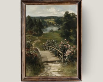 Vintage Floral Landscape Painting | Countryside Bridge (Digital Download)
