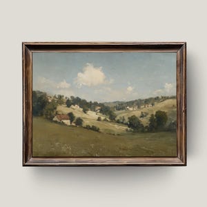 Countryside Serenity – Rolling Hills Oil Painting Print, Vintage Farmhouse Landscape Wall Art, Rustic Green Valley Digital Download