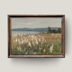 Golden Meadow Breeze – Countryside Grassland Art Print, Lakeview Landscape Painting, Rustic Farmhouse Wall Decor