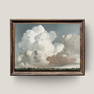 Towering Clouds over Countryside | Vintage Sky Painting, Atmospheric Landscape Wall Art, Rustic Farmhouse Digital Printable