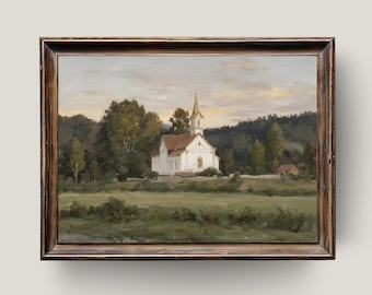 White Church Countryside Print: Rustic Chapel, Faith Landscape (Digital Download)