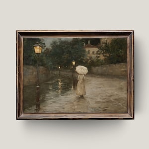 Evening Walk in Rain – Romantic Lady with Umbrella Digital Painting, Vintage City Street Wall Art, Moody Impressionist Printable Decor