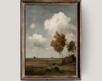 May include: A framed landscape painting featuring a cloudy sky and a field with trees. The artwork has a vintage aesthetic, with a brown wooden frame. The color palette includes shades of brown, green, and blue, creating a serene and natural scene.