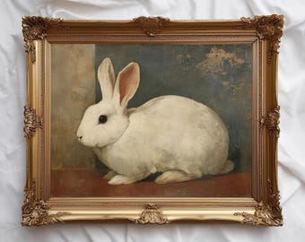 Cuadro vintage de conejo blanco / Decoración de habitación infantil rústica (Descarga digital)