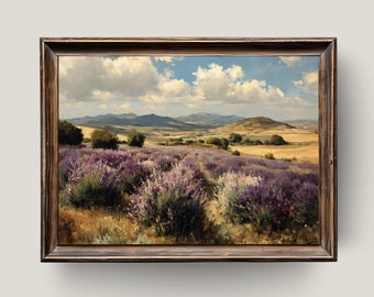 Lavender Field Landscape Art Print: Rustic Farmhouse Decor (Digital Download)
