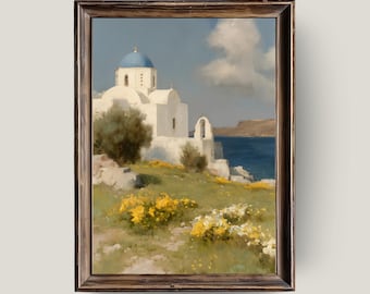 Greek Island Church Print: Santorini Coastal Wall Art, Mediterranean Landscape (Digital Download)