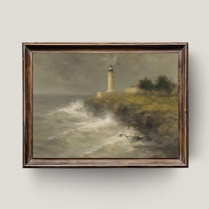 Stormy Lighthouse Seascape – Ocean Waves Coastal Wall Art, Nautical Maritime Painting, Dramatic Sea Digital Print