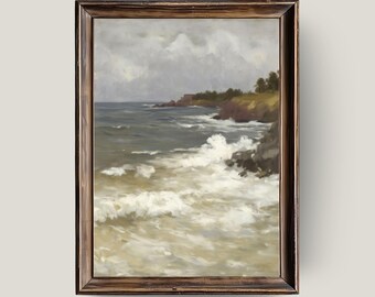 Stormy Coastal Waves Print | Neutral Seascape Painting (Digital Download)