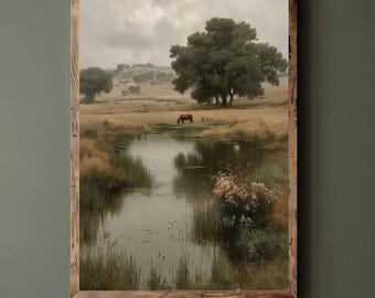 Pferde Teich Landschaft Gemälde | Rustikale Bauernhaus Kunst (Digitaler Download)