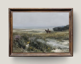 Impression de cow-boy à cheval sur une prairie : art occidental rustique (téléchargement numérique)