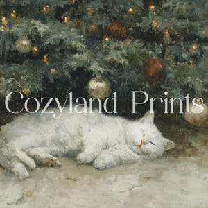 May include: A white cat sleeping peacefully under a decorated Christmas tree. The tree is adorned with gold and bronze ornaments and lights. The text "CozyLand Prints" is visible.