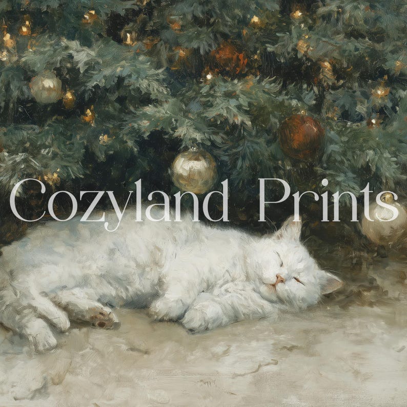 May include: A white cat sleeping peacefully under a decorated Christmas tree. The tree is adorned with gold and bronze ornaments and lights. The text "CozyLand Prints" is visible.