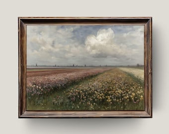 Dutch Tulip Field Oil Painting: Vintage Holland Windmill Landscape (Digital Download)