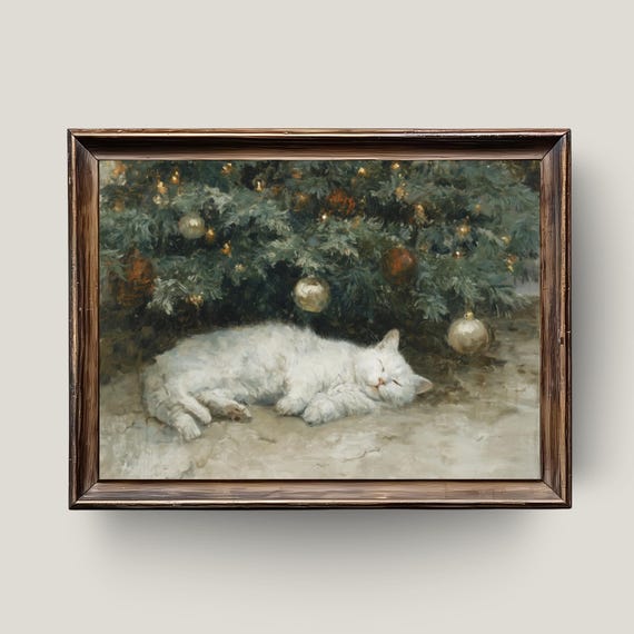 Vintage Christmas Cat Painting: Cozy Holiday Wall Art (Digital Download)