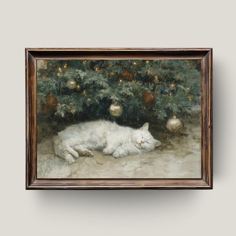 May include: A framed painting depicts a white cat sleeping peacefully beneath a Christmas tree adorned with ornaments. The artwork has a vintage aesthetic, with a warm, inviting color palette. The frame is a dark, rustic wood.