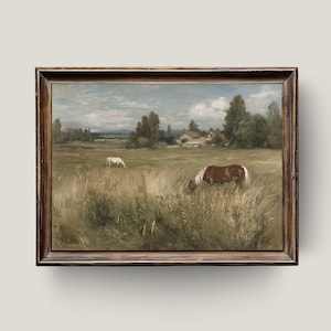 Horse Pasture Landscape – Rustic Countryside Oil Painting, Vintage Farm Meadow Wall Art Printable, Grazing Horses Digital Decor