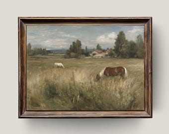 Horse Pasture Oil Painting: Rustic Farmhouse Landscape Art (Digital Download)