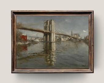 Brooklyn Bridge-print: vintage muurkunst New York City, klassiek schilderij van de skyline (digitale download)