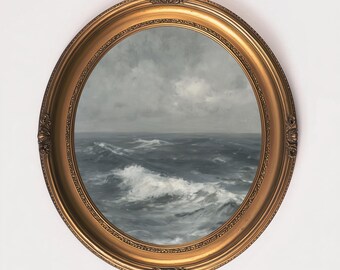 May include: Oval-shaped gold-colored framed artwork depicting a seascape with a stormy sky and turbulent ocean waves. The frame has ornate detailing. The artwork is a painting.