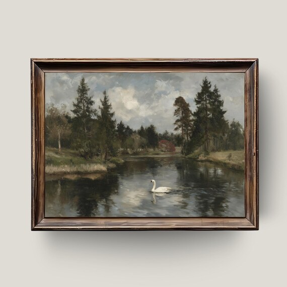 白鳥の湖 絵画 白鳥の湖の絵画 静かなコテージコア風景画 デジタル