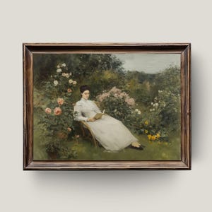 Vintage Woman Reading in Rose Garden Painting: Romantic Floral Print (Digital Download)