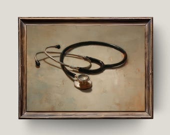 Olieverfschilderij met stethoscoop: kunst aan de muur medisch kantoor (digitale download)