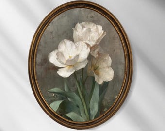 White Tulip Wall Art: Vintage Floral, Neutral Botanical Print