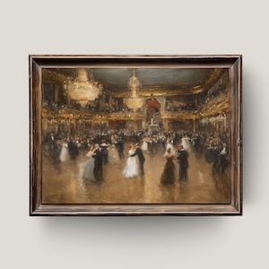 May include: A framed painting depicts a grand ballroom scene with couples dancing. The artwork features a warm color palette with gold and brown tones, and ornate chandeliers illuminate the scene. The painting is encased in a dark wooden frame.