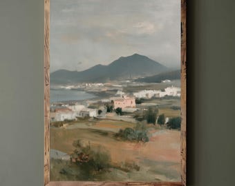 Mediterranean Village View Print | Coastal Landscape Painting (Digital Download)