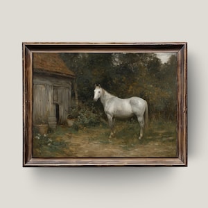 White Horse by Barn – Rustic Farmhouse Animal Painting, Country Stable Wall Art, Vintage Equestrian Digital Print