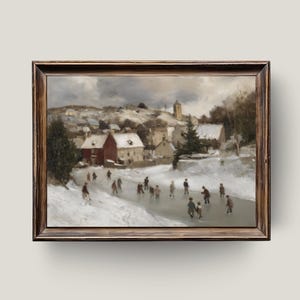 Winter Ice Skating Village | Vintage Christmas Painting, Nostalgic Holiday Wall Art, Cozy Snow Scene Printable