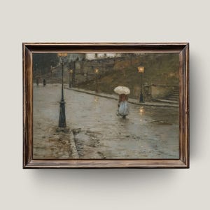 Rainy Street Walk – Romantic Lady with Umbrella Digital Painting, Vintage City Scene Wall Art, Moody Impressionist Printable Decor