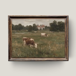 Vintage Cow Painting: Rustic Farmhouse Landscape Art (Digital Download)