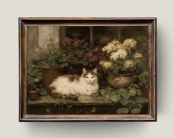Vintage Cat & Flowers Print: Cottagecore Botanical Art (Digital Download)