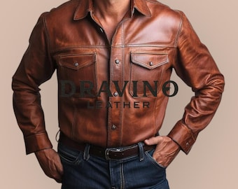 Men's Brown Cowhide Leather Shirt: Western Style Button Down