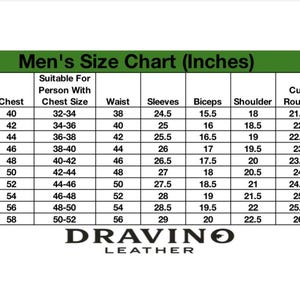May include: A size chart for men's clothing, displaying measurements in inches. The chart includes chest, waist, sleeve, and back length measurements for various sizes, from XXS to 5XL. The brand name "DRAVINO LEATHER" is at the bottom.