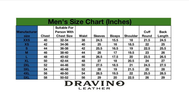 May include: A size chart for men's clothing, displaying measurements in inches. The chart includes chest, waist, sleeve, and back length measurements for various sizes, from XXS to 5XL. The brand name "DRAVINO LEATHER" is at the bottom.