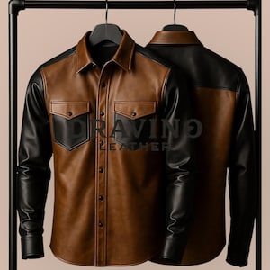 Zweifarbige Echtleder-Hemdjacke für Herren - Braun & Schwarz im Western-Stil mit Knöpfen.