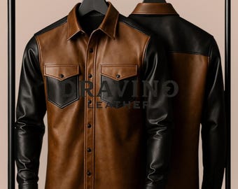 Men’s Two-Tone Genuine Leather Shirt Jacket – Brown & Black Western Style Button Up.