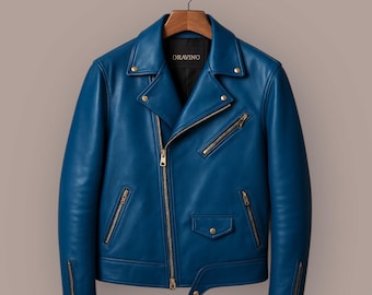 Blue Leather Biker Jacket: Slim Fit Moto Coat with Gold Zippers