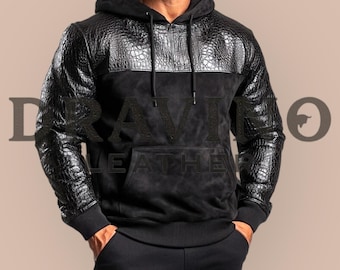 Men’s Black Suede Leather Hoodie  Leather Sleeves  Streetwear Pullover.