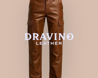 Brown Genuine Leather Cargo Pants for Men – Multi Pocket Workwear Trousers