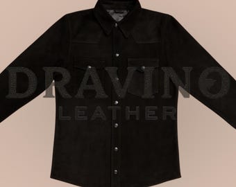 Men’s Suede Leather Overshirt | Black Goat Suede | Snap Closure Western Shirt.