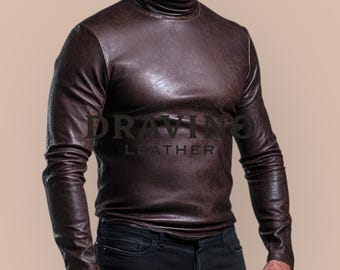 Men's Brown Cowhide  Leather High Neck Shirt: Slim Fit Turtleneck