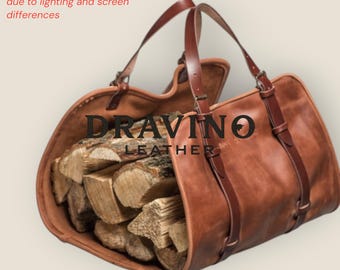 Handmade Genuine Leather Firewood Carrier Bag – Heavy Duty Log Holder Tote, Rustic Fireplace Wood,