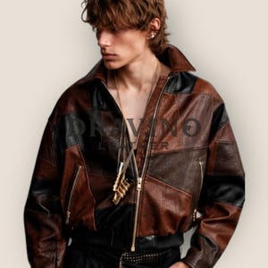Men’s Brown Black Leather Patchwork Biker Vintage Motorcycle Jacket.