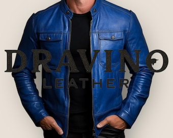 Men’s Blue Moto Leather Shirt Jacket – Slim Fit Design.