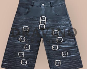 Mens Black Leather Handcrafted Cowhide Buckle Short
